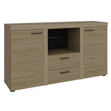 Komoda Ramon 2-drzwiowa z szufladami dąb olejowany szklana półka 156 cm